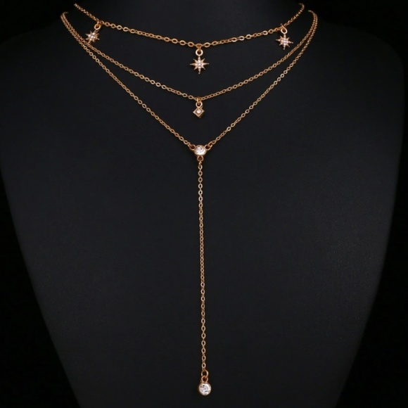 3/$30 Celestial Star Layered Drop Necklace Gold - Picture 3 of 8